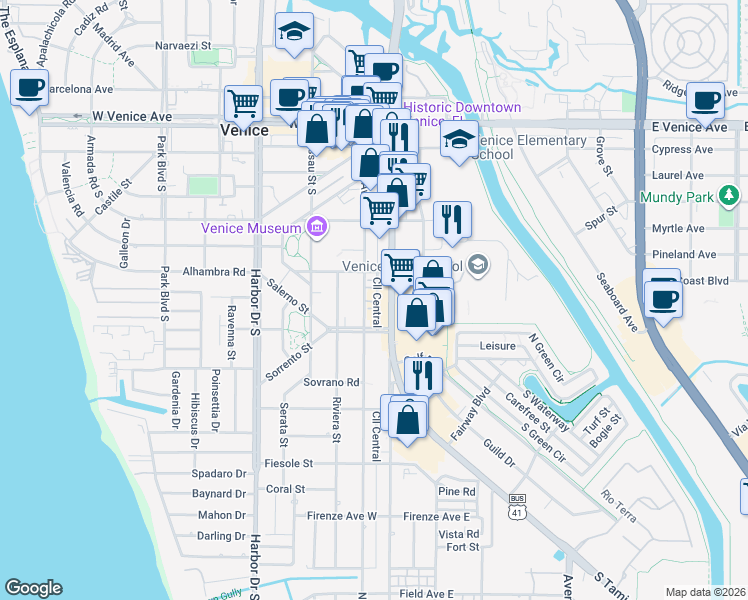 map of restaurants, bars, coffee shops, grocery stores, and more near 420 U.S. 41 Business in Venice