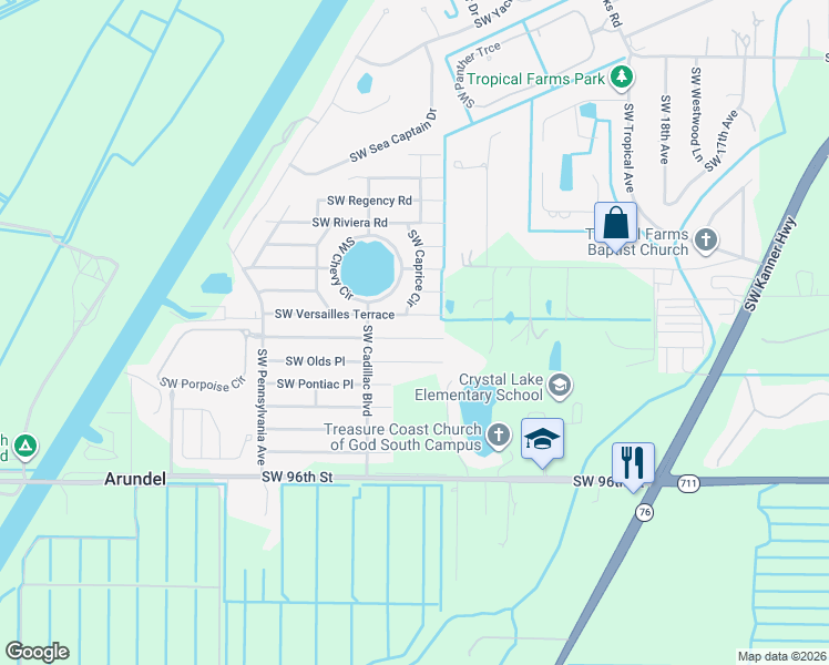 map of restaurants, bars, coffee shops, grocery stores, and more near 2473 Southwest Marquis Terrace in Stuart