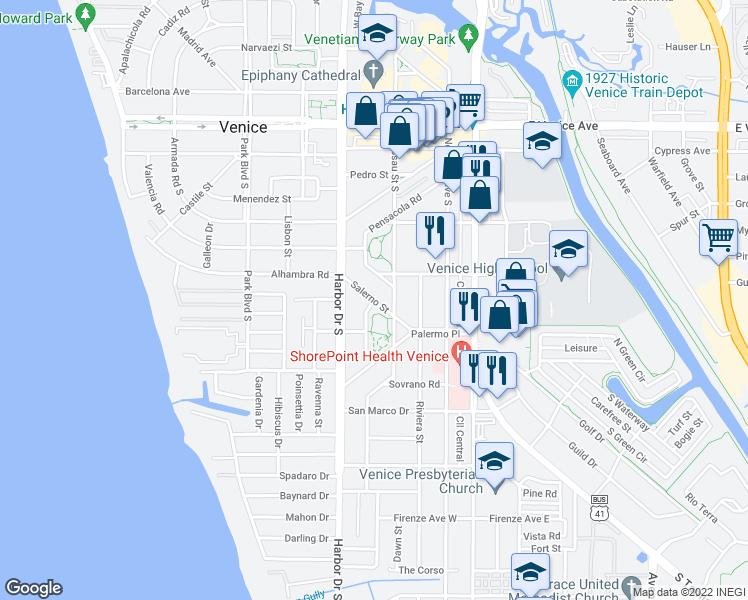 map of restaurants, bars, coffee shops, grocery stores, and more near Salerno Street in Venice