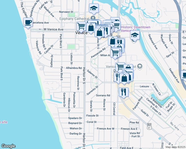 map of restaurants, bars, coffee shops, grocery stores, and more near Salerno Street in Venice