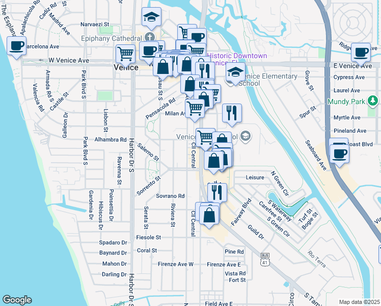 map of restaurants, bars, coffee shops, grocery stores, and more near 437 Nokomis Avenue South in Venice
