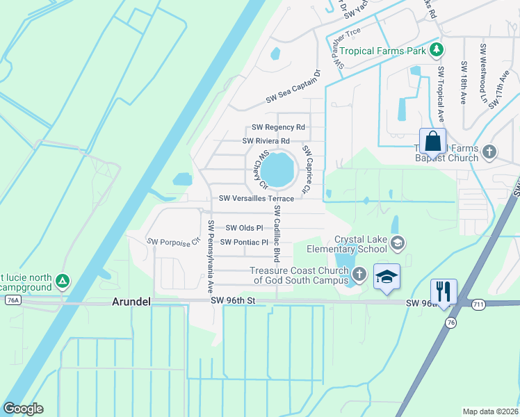 map of restaurants, bars, coffee shops, grocery stores, and more near 2683 Southwest Marquis Terrace in Stuart