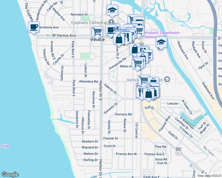 map of restaurants, bars, coffee shops, grocery stores, and more near 408 Venezia Parkway in Venice