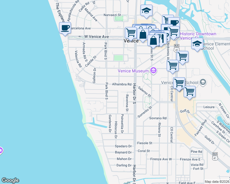 map of restaurants, bars, coffee shops, grocery stores, and more near 507 Sante Joseph Street in Venice