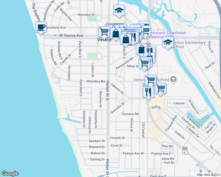 map of restaurants, bars, coffee shops, grocery stores, and more near 409 Harbor Drive South in Venice