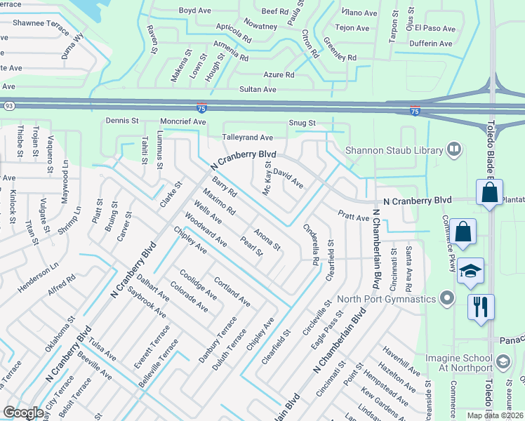 map of restaurants, bars, coffee shops, grocery stores, and more near 4788 Barry Road in North Port