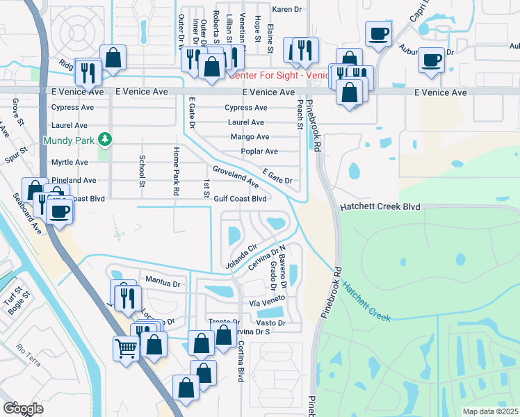 map of restaurants, bars, coffee shops, grocery stores, and more near 869 Baveno Drive in Venice