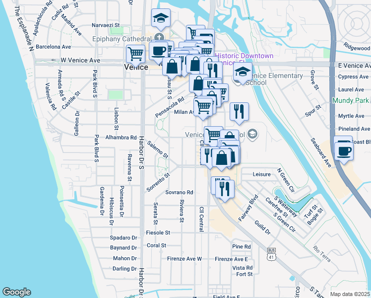 map of restaurants, bars, coffee shops, grocery stores, and more near 436 Nokomis Avenue South in Venice