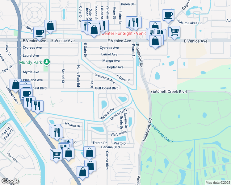 map of restaurants, bars, coffee shops, grocery stores, and more near 869 Baveno Drive in Venice