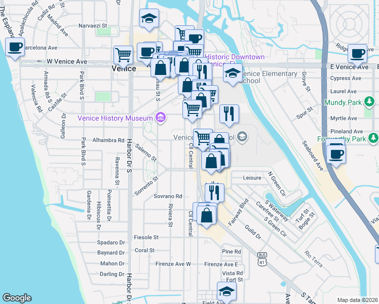 map of restaurants, bars, coffee shops, grocery stores, and more near 420 U.S. 41 Business in Venice