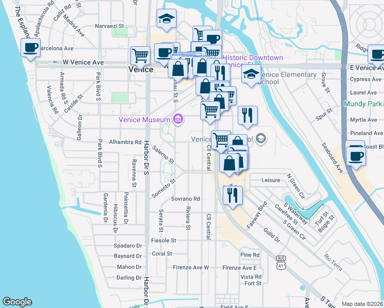 map of restaurants, bars, coffee shops, grocery stores, and more near 436 Nokomis Avenue South in Venice