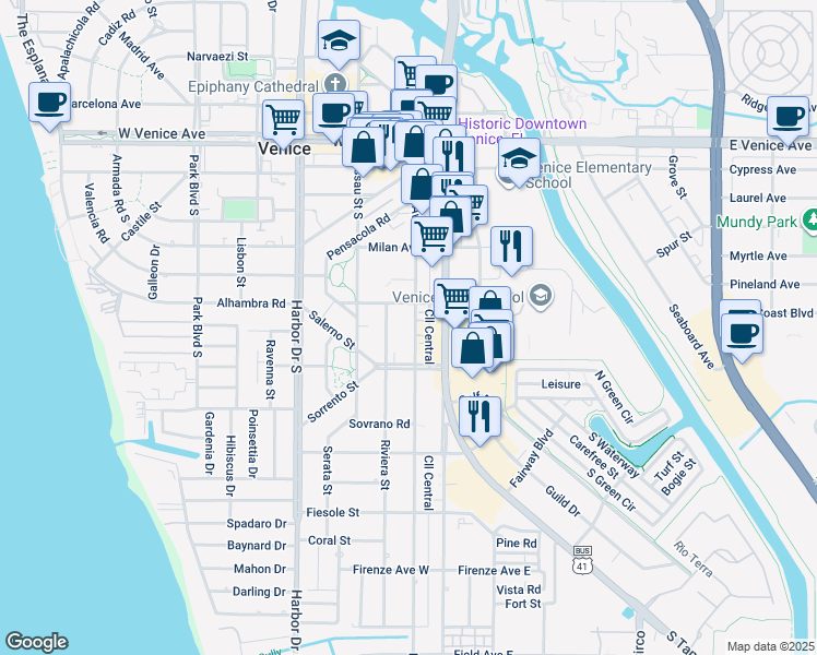 map of restaurants, bars, coffee shops, grocery stores, and more near 436 Nokomis Avenue South in Venice