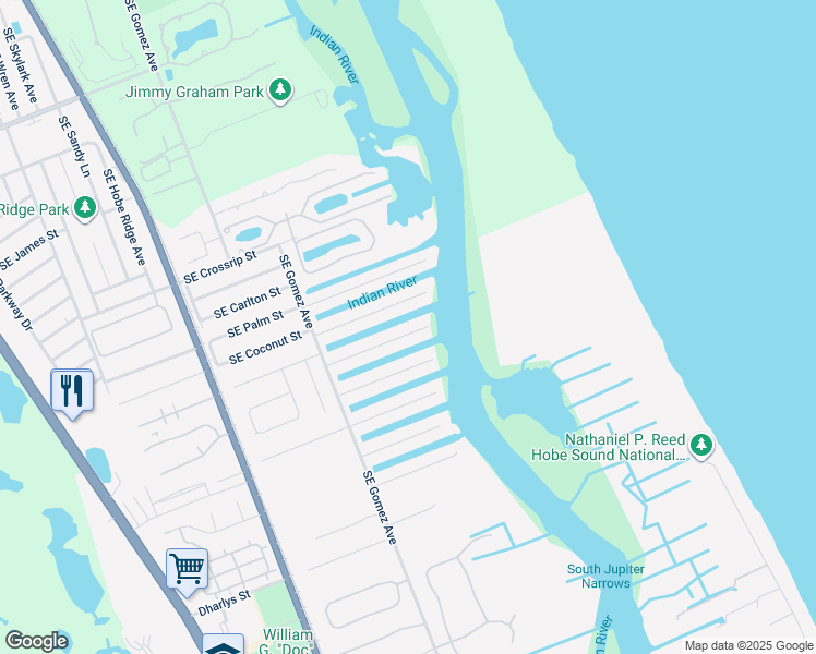 map of restaurants, bars, coffee shops, grocery stores, and more near 8551 Southeast Driftwood Street in Hobe Sound