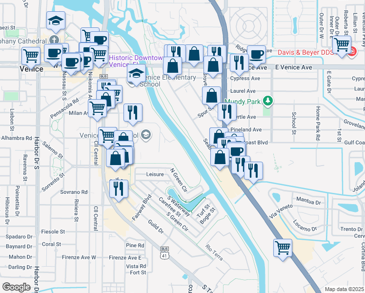 map of restaurants, bars, coffee shops, grocery stores, and more near in Venice