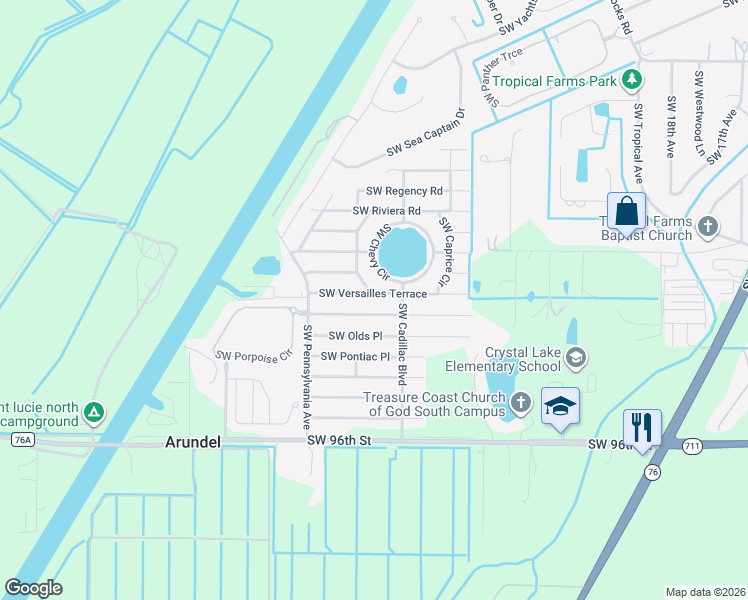 map of restaurants, bars, coffee shops, grocery stores, and more near 2683 Southwest Marquis Terrace in Stuart