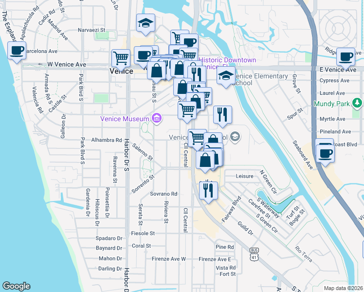 map of restaurants, bars, coffee shops, grocery stores, and more near 436 Nokomis Avenue South in Venice