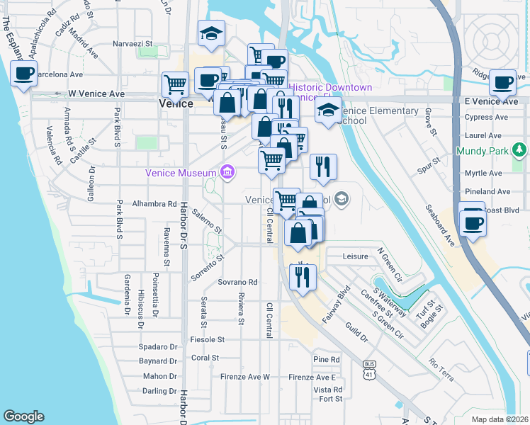 map of restaurants, bars, coffee shops, grocery stores, and more near 436 Nokomis Avenue South in Venice