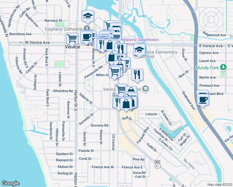 map of restaurants, bars, coffee shops, grocery stores, and more near 400 South Tamiami Trail in Venice