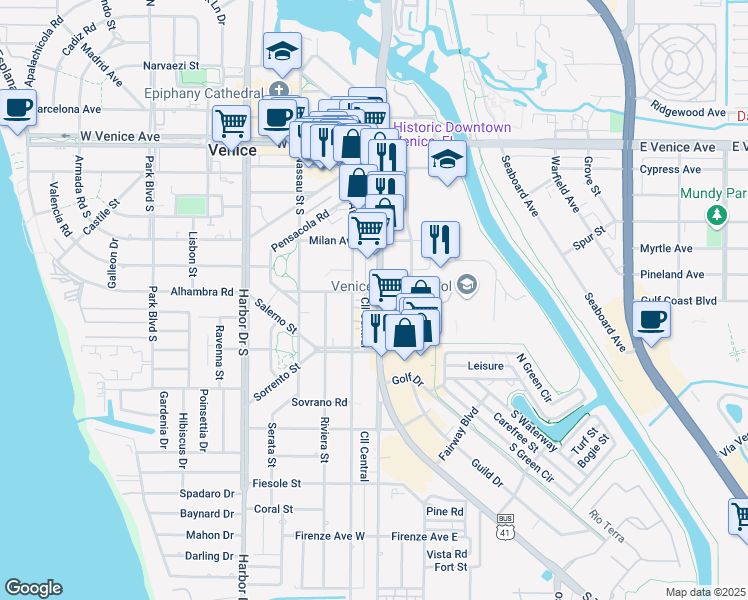 map of restaurants, bars, coffee shops, grocery stores, and more near 400 South Tamiami Trail in Venice