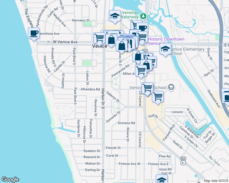 map of restaurants, bars, coffee shops, grocery stores, and more near 412 Pensacola Road in Venice