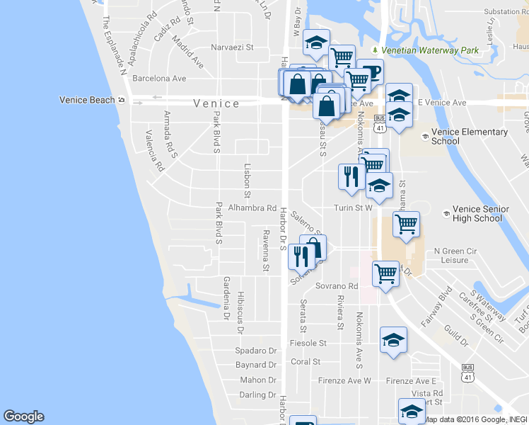 map of restaurants, bars, coffee shops, grocery stores, and more near 428 Alhambra Road in Venice