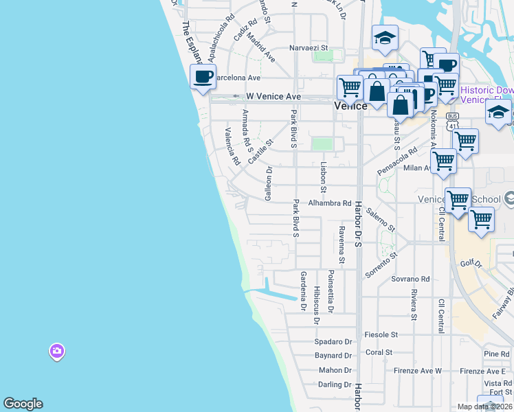 map of restaurants, bars, coffee shops, grocery stores, and more near 628 Alhambra Road in Venice