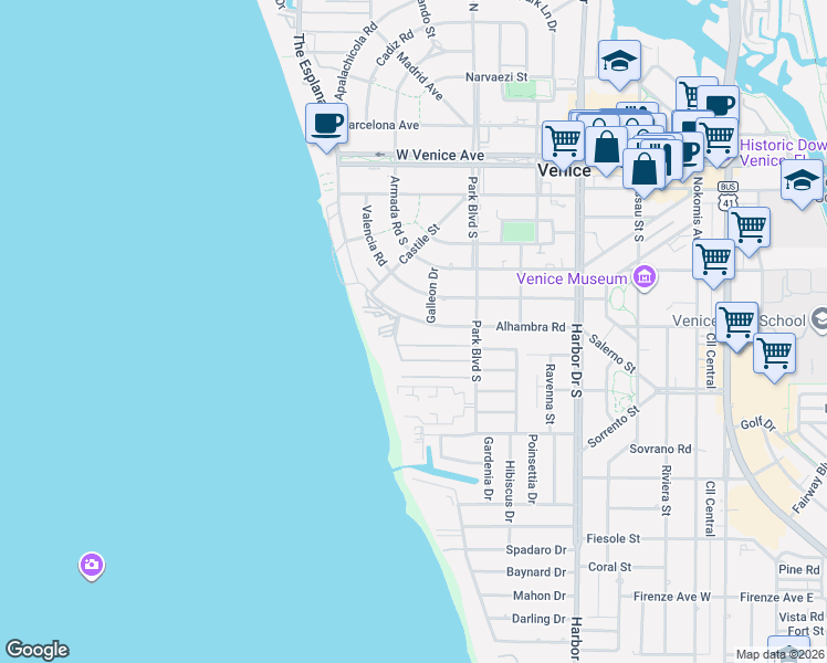 map of restaurants, bars, coffee shops, grocery stores, and more near 628 Alhambra Road in Venice