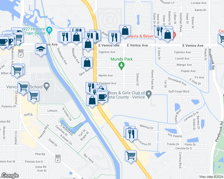 map of restaurants, bars, coffee shops, grocery stores, and more near 621 Live Oak Street in Venice
