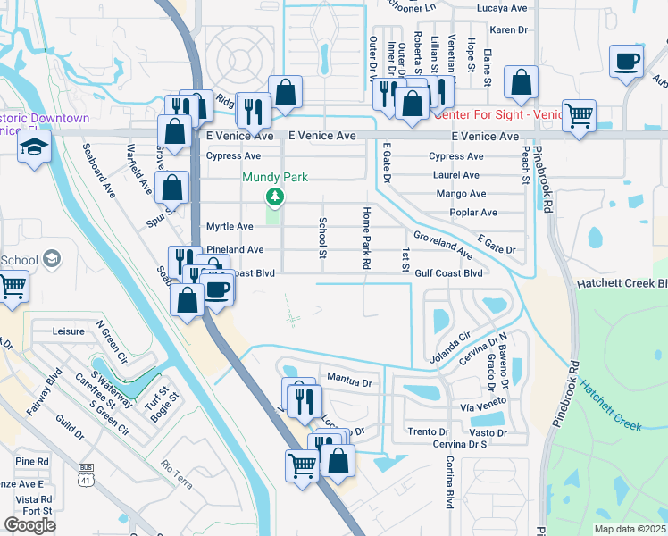 map of restaurants, bars, coffee shops, grocery stores, and more near 1019 Gulf Coast Boulevard in Venice