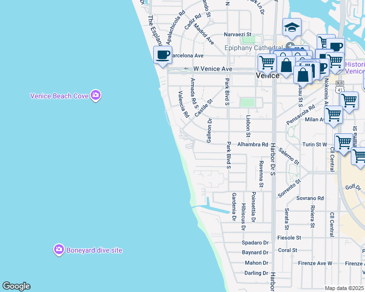 map of restaurants, bars, coffee shops, grocery stores, and more near 629 Alhambra Road in Venice