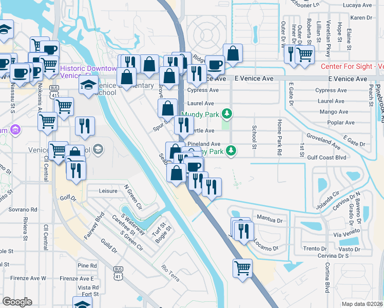 map of restaurants, bars, coffee shops, grocery stores, and more near 724 Pineland Avenue in Venice