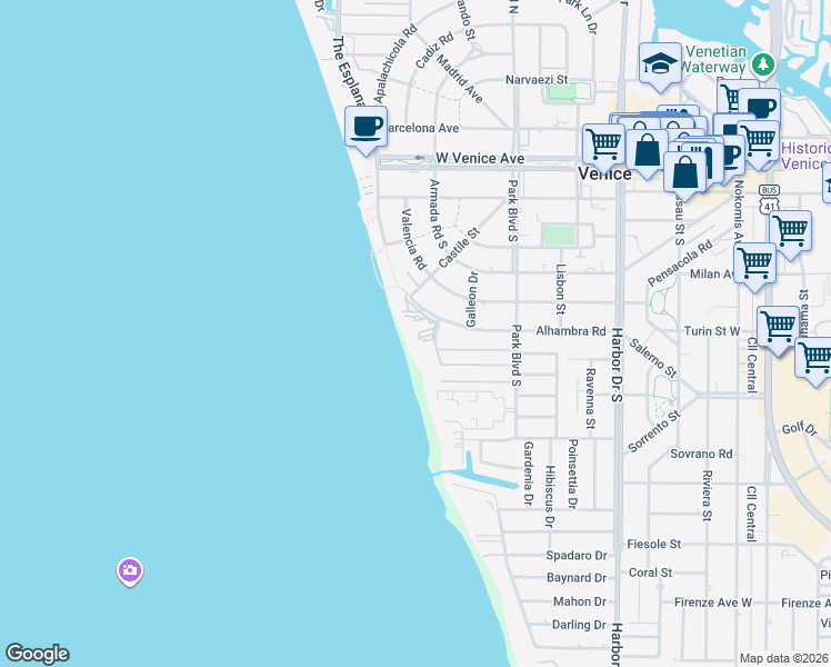 map of restaurants, bars, coffee shops, grocery stores, and more near 629 Alhambra Road in Venice
