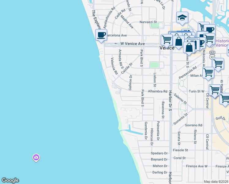 map of restaurants, bars, coffee shops, grocery stores, and more near 629 Alhambra Road in Venice