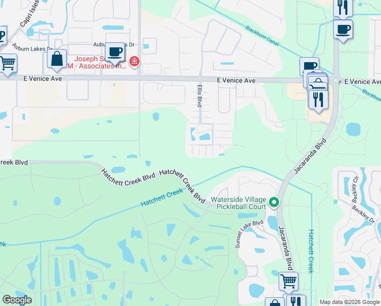 map of restaurants, bars, coffee shops, grocery stores, and more near 601 Beulah Lane in Venice