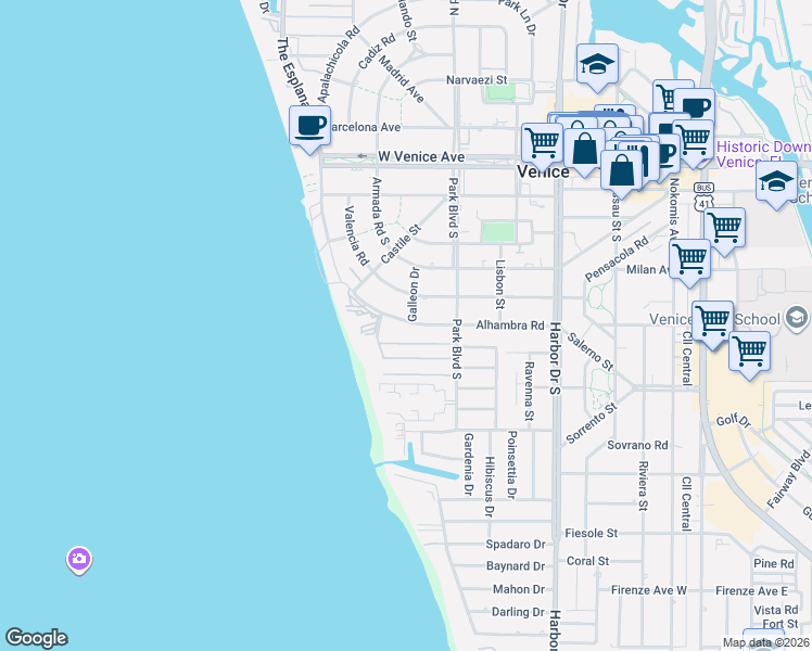 map of restaurants, bars, coffee shops, grocery stores, and more near 628 Alhambra Road in Venice