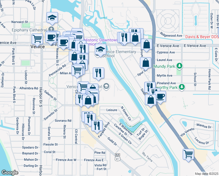 map of restaurants, bars, coffee shops, grocery stores, and more near 1 Indian Avenue in Venice