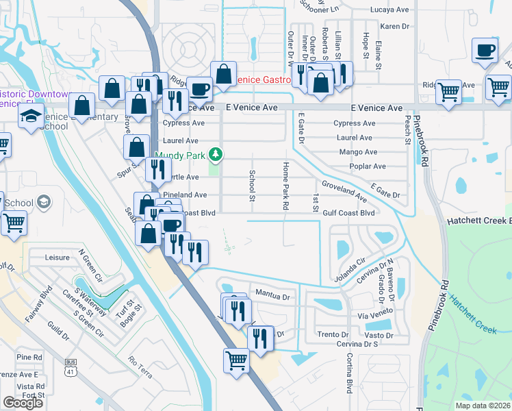 map of restaurants, bars, coffee shops, grocery stores, and more near 609 School Street in Venice