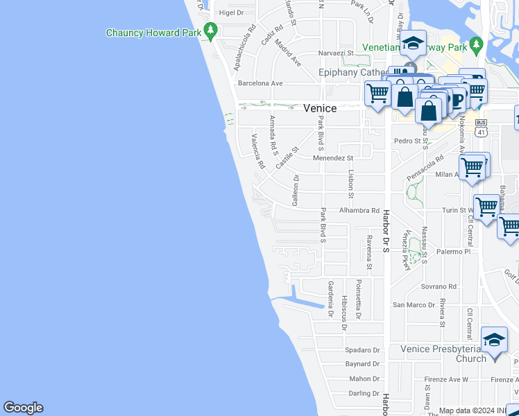 map of restaurants, bars, coffee shops, grocery stores, and more near 629 Alhambra Road in Venice