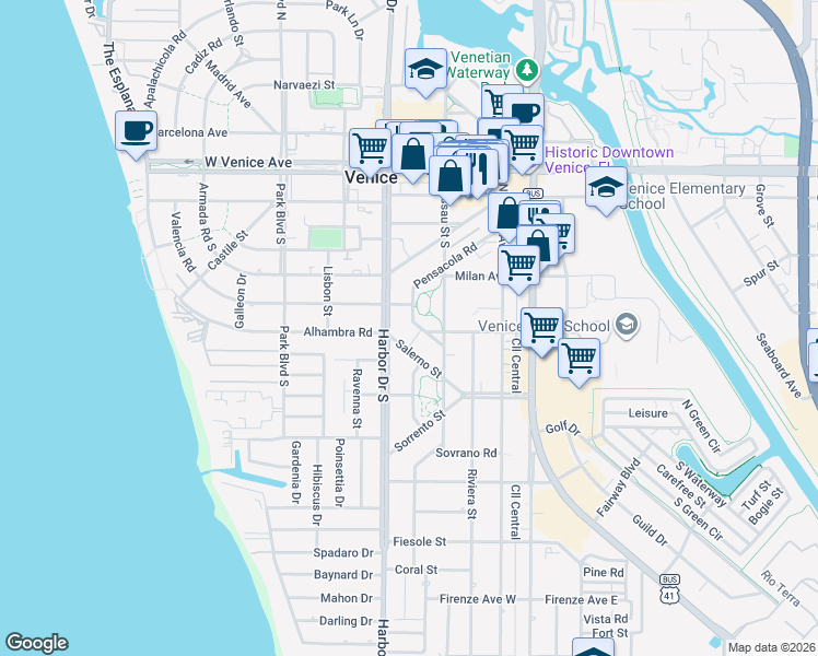 map of restaurants, bars, coffee shops, grocery stores, and more near 412 Pensacola Road in Venice
