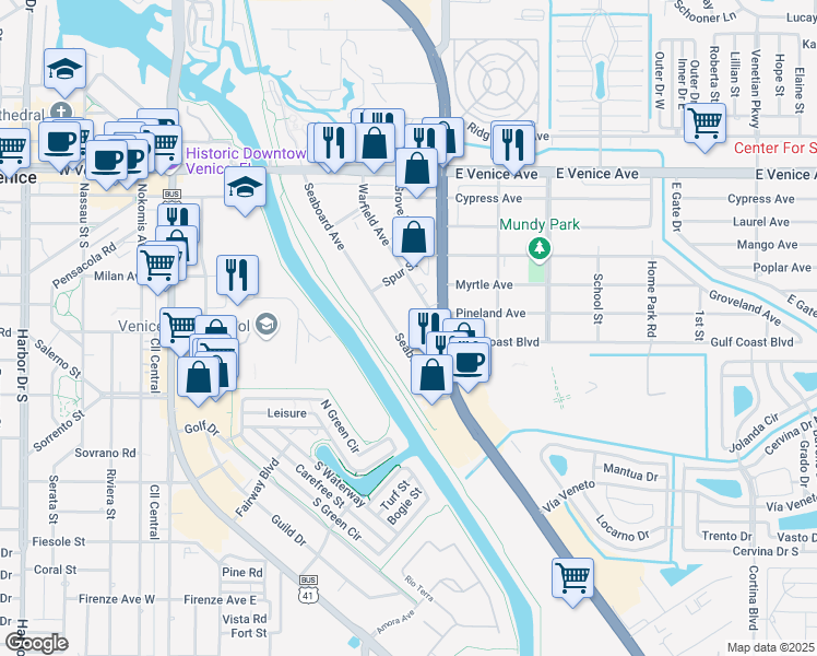 map of restaurants, bars, coffee shops, grocery stores, and more near 341 Seaboard Avenue in Venice