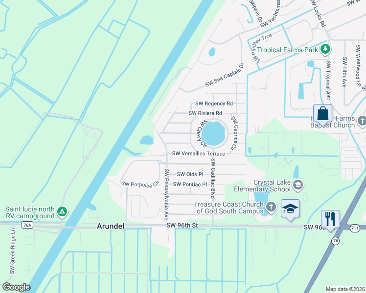 map of restaurants, bars, coffee shops, grocery stores, and more near 2798 Southwest Mustang Terrace in Stuart