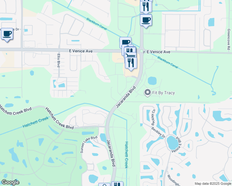 map of restaurants, bars, coffee shops, grocery stores, and more near 2557 Terracina Drive in Venice