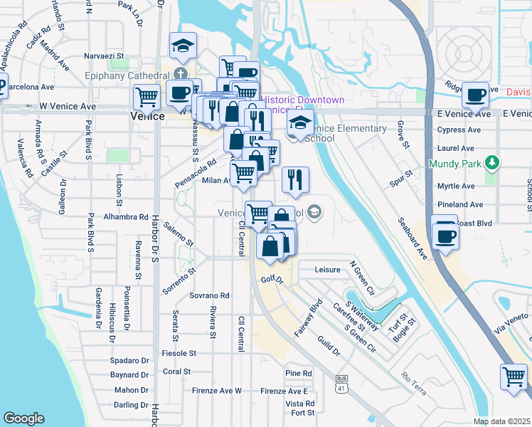map of restaurants, bars, coffee shops, grocery stores, and more near 391 South Tamiami Trail in Venice