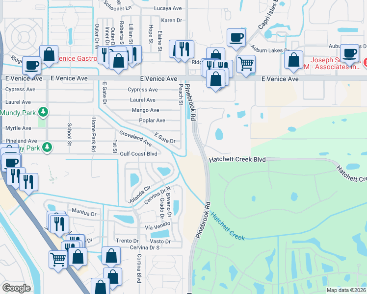 map of restaurants, bars, coffee shops, grocery stores, and more near 523 Peach Street in Venice