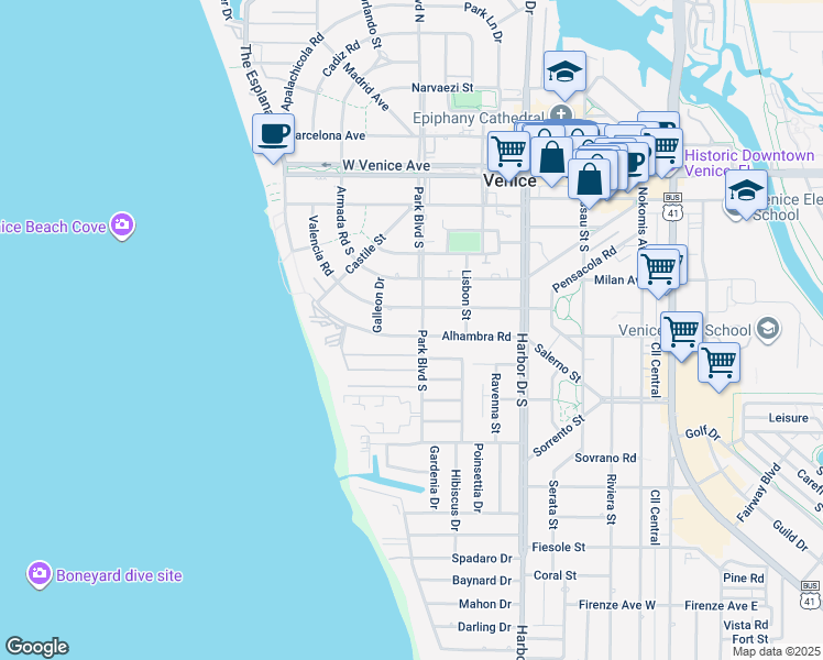 map of restaurants, bars, coffee shops, grocery stores, and more near 600 Alhambra Road in Venice