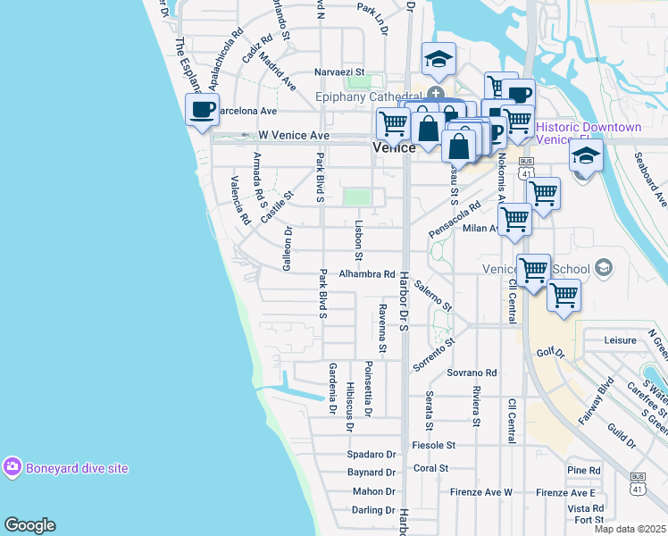 map of restaurants, bars, coffee shops, grocery stores, and more near 520 Alhambra Road in Venice