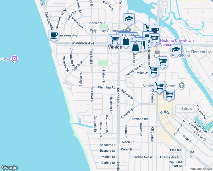 map of restaurants, bars, coffee shops, grocery stores, and more near 428 Alhambra Road in Venice