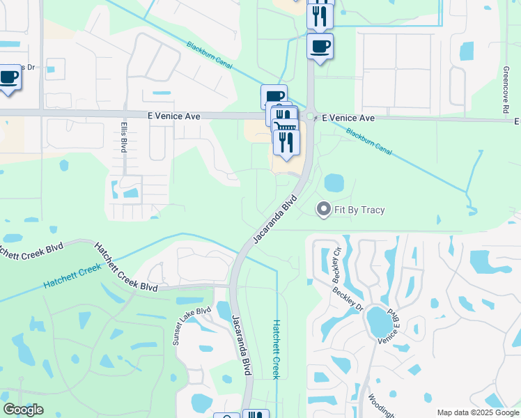 map of restaurants, bars, coffee shops, grocery stores, and more near 2557 Terracina Drive in Venice