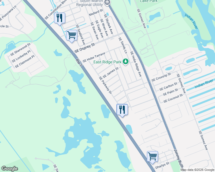 map of restaurants, bars, coffee shops, grocery stores, and more near 7401 Southeast Sandpiper Street in Hobe Sound