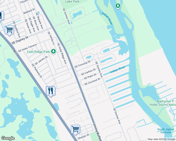 map of restaurants, bars, coffee shops, grocery stores, and more near 8073 Southeast Carlton Street in Hobe Sound